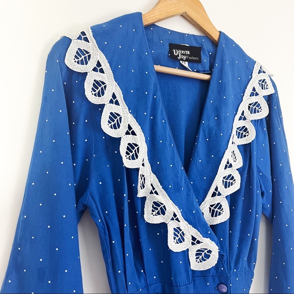 Vintage Polka Dot Surplice Dress in Blue | Size XS - Picture 8 of 11